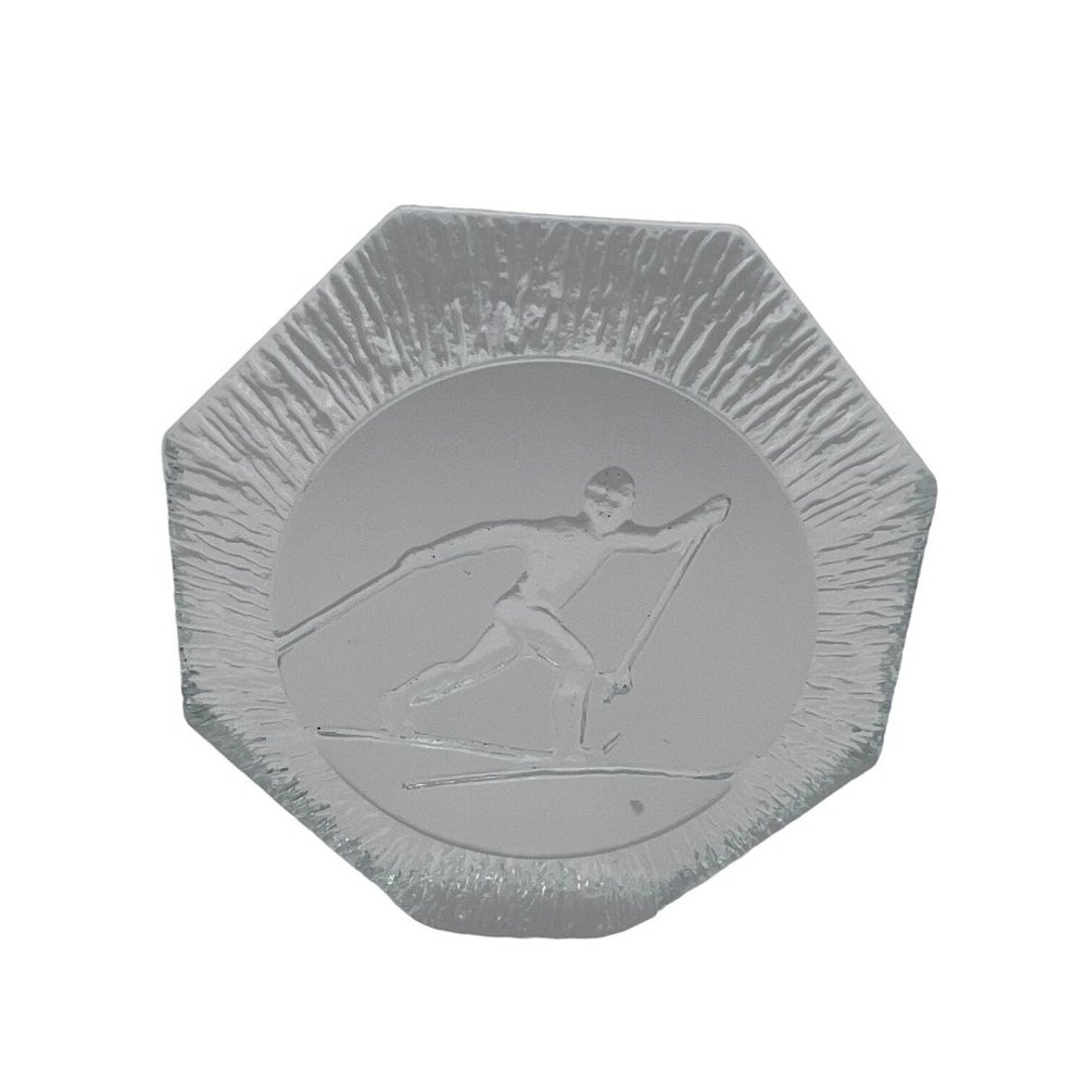 Cross Country Skiing Glass Paperweight 4.5" Frosted Glass Winter Sport Octagon